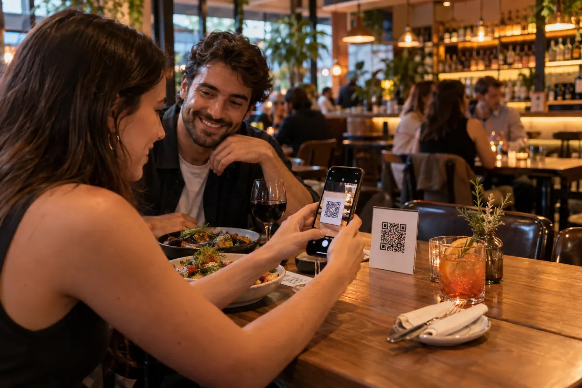 Clientes en un restaurante escanean el código QR que está en la mesa